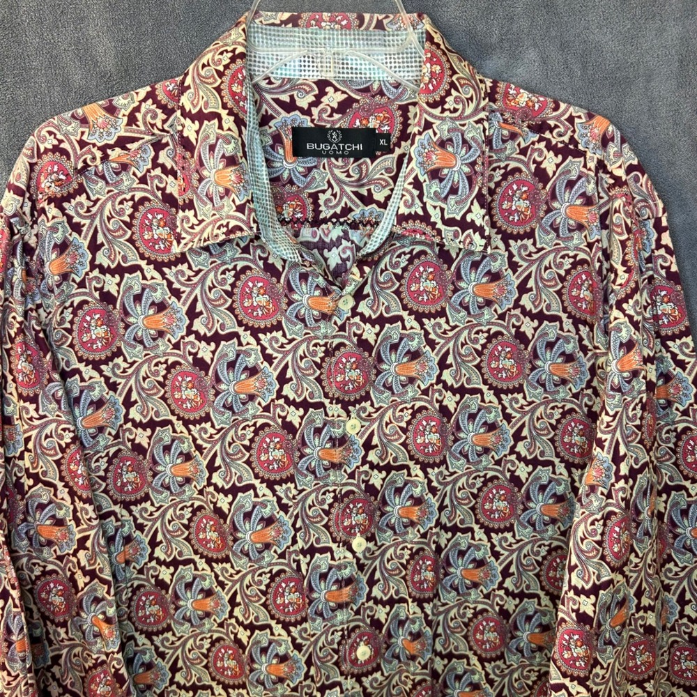 Bugatchi Uomo Mens XL Long Sleeve Button Down Shirt Burgundy Paisley Floral